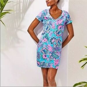 Lilly Pulitzer Etta V Neck Dress in Blue Horizon Jungle Sunrise